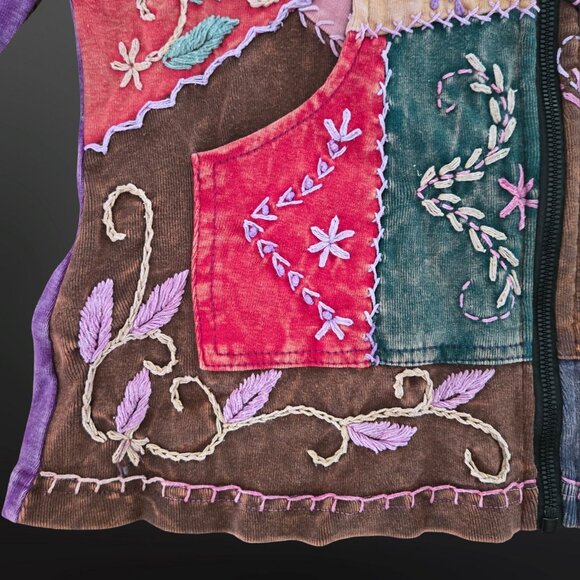 Vintage 90s Patchwork Embroidered Hoodie Size M Boho Hippie Fairy Grunge - Picture 3 of 9